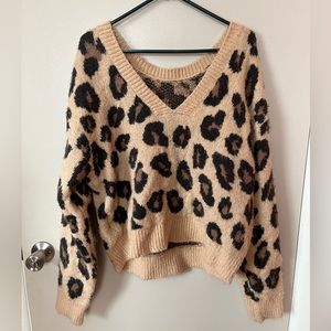 PINK Leopard Print Fuzzy Women’s Reversible Sweater, Size Large